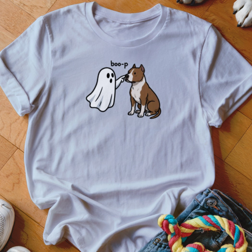 White t-shirt with a cartoon ghost booping a brown and white dog.