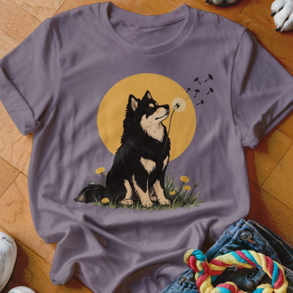 Mauve short-sleeve t-shirt featuring a graphic of a black and tan dog blowing dandelion seeds against a yellow sun.
