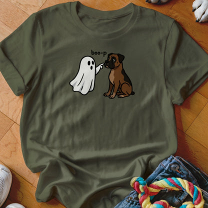 Green t-shirt graphic of a ghost booping a sitting boxer dog's nose.
