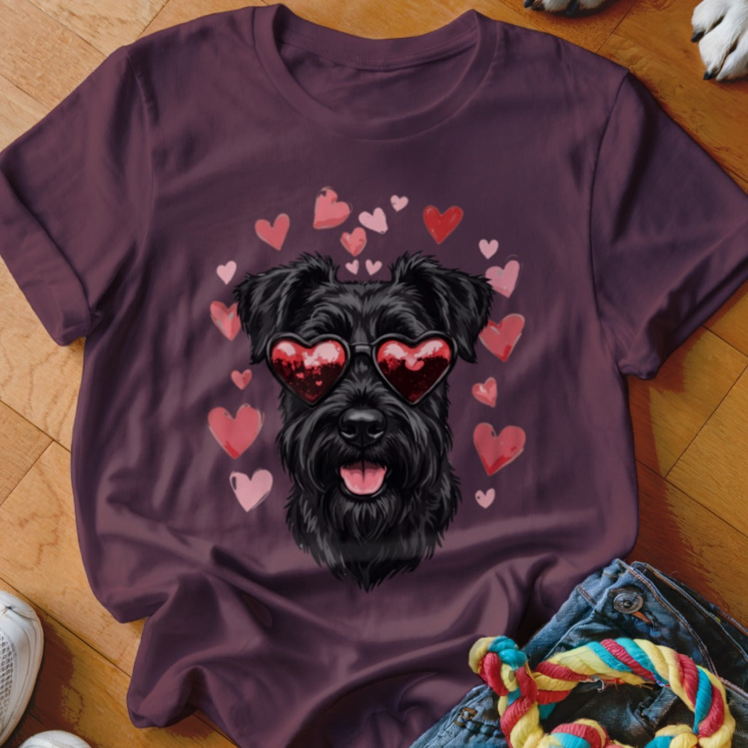 Plum crewneck t-shirt featuring a graphic of a black schnauzer wearing heart-shaped sunglasses surrounded by pink hearts.