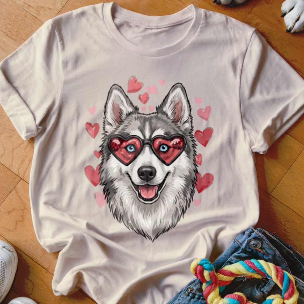A light pink t-shirt printed with a graphic of a husky wearing heart-shaped sunglasses surrounded by pink hearts.