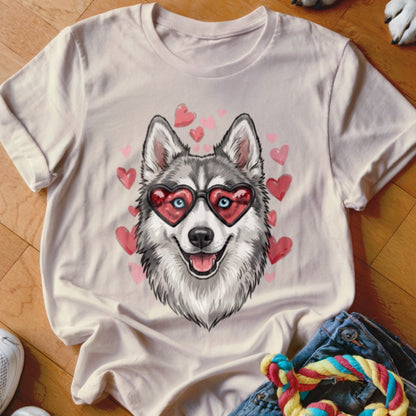 A light pink t-shirt printed with a graphic of a husky wearing heart-shaped sunglasses surrounded by pink hearts.