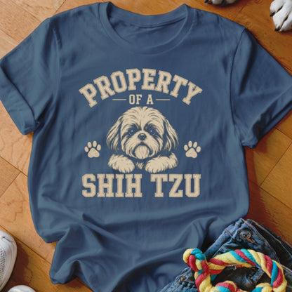 Blue t-shirt with "PROPERTY OF A SHIH TZU" text and a Shih Tzu dog illustration.