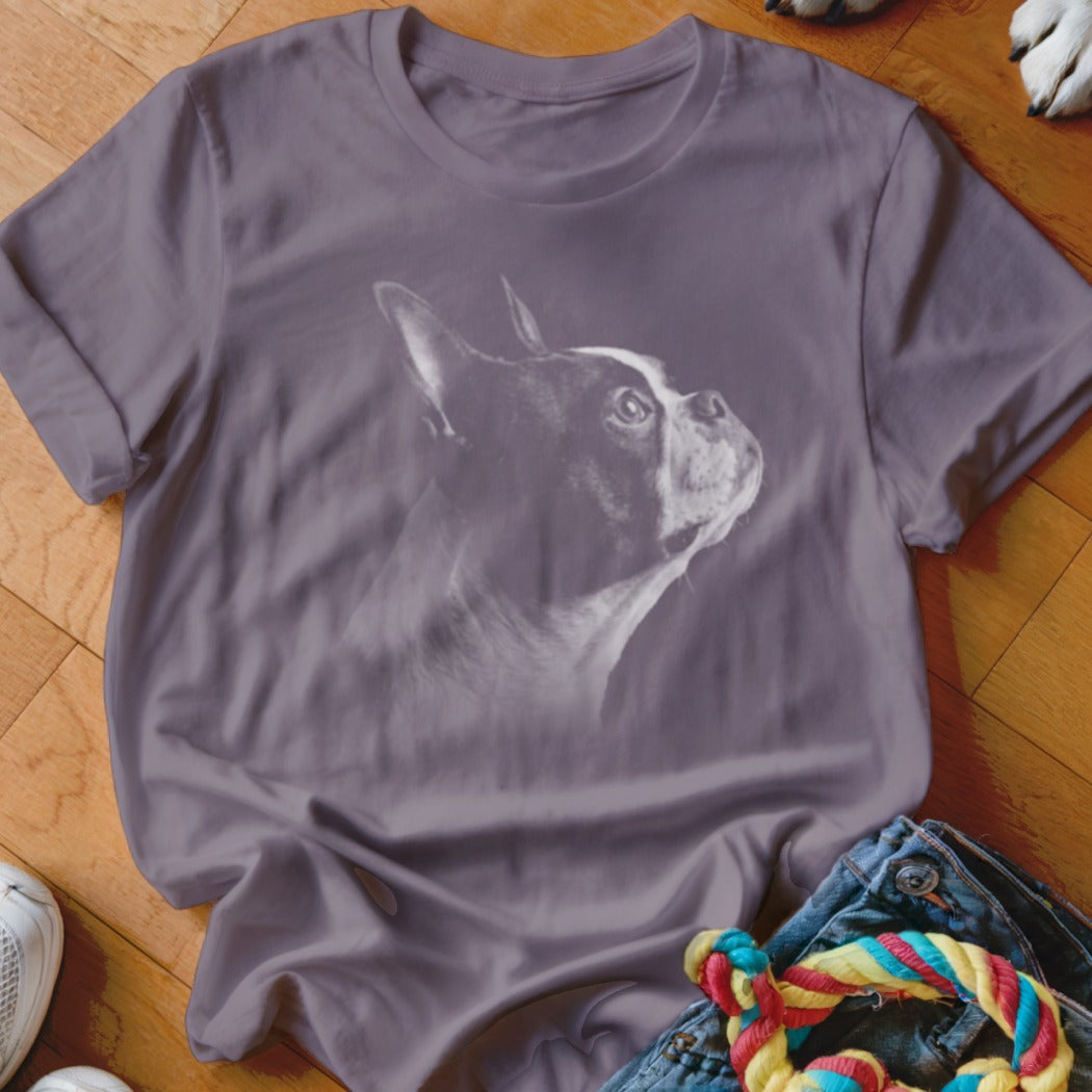 Gray t-shirt with a black and white Boston Terrier dog graphic.