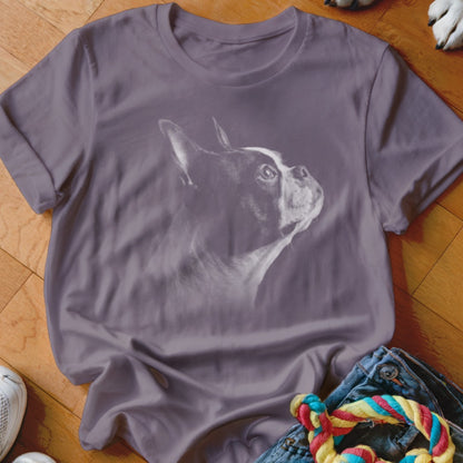 Gray t-shirt with a black and white Boston Terrier dog graphic.