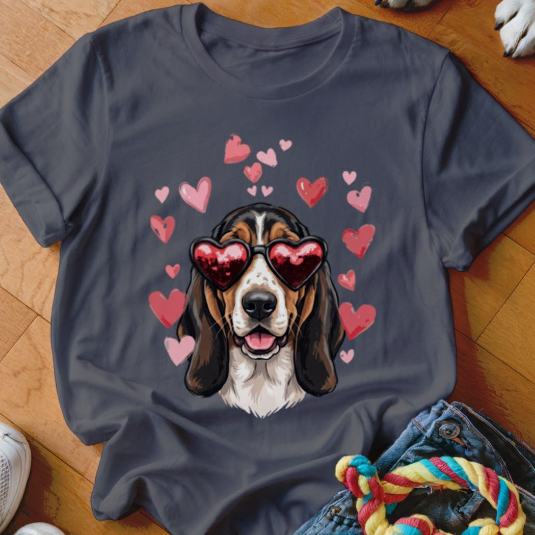 Charcoal t-shirt featuring a basset hound wearing heart-shaped sunglasses, surrounded by pink hearts.