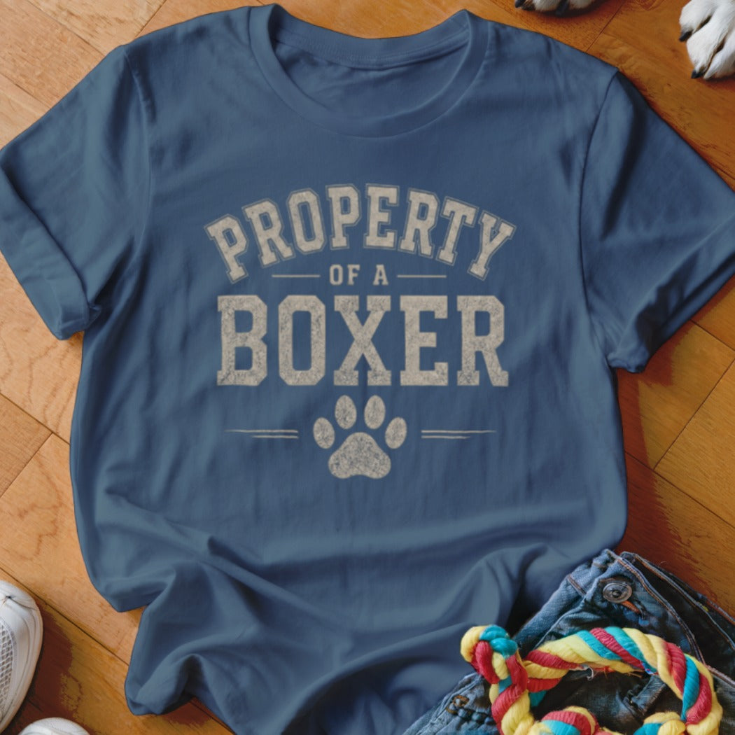 Blue t-shirt with "Property of a Boxer" text and paw print graphic.