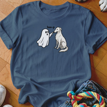 Ghost and dog with "boo-p" text printed on a blue t-shirt.