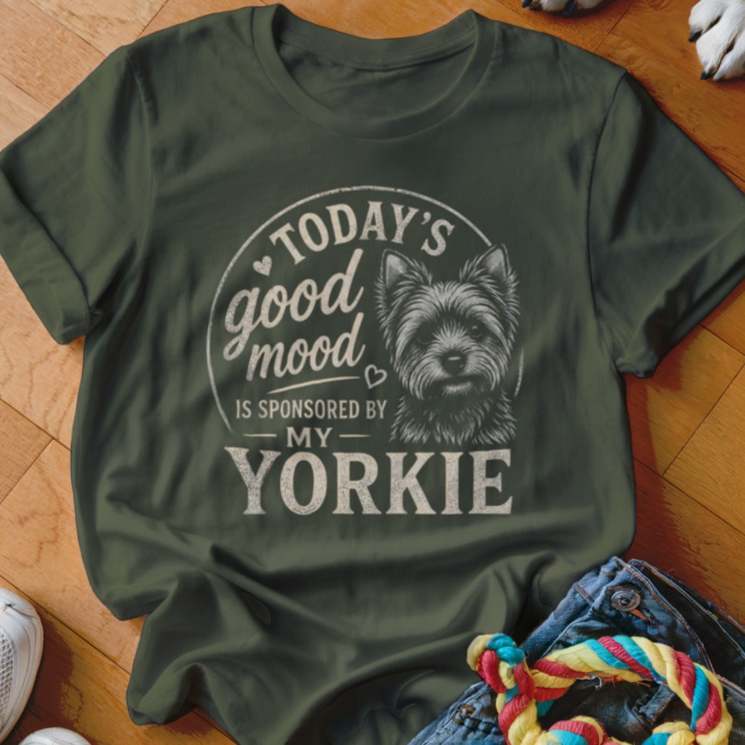 Olive t-shirt with "Today's Good Mood is Sponsored by My Yorkie" graphic and Yorkshire Terrier.