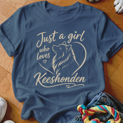 Dark blue t-shirt with "Just a girl who loves Keeshonden" and dog graphic.