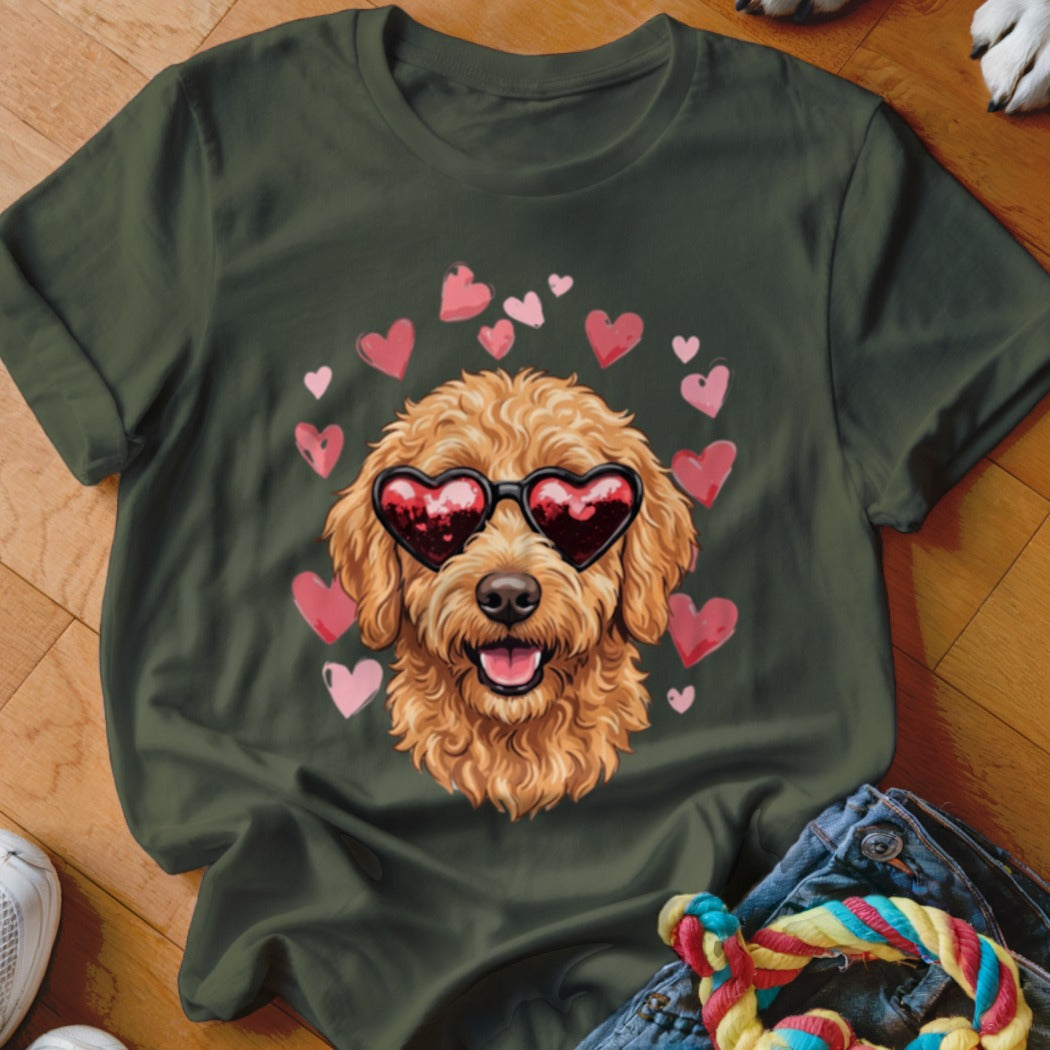 Dark green t-shirt featuring a graphic of a fluffy goldendoodle wearing heart-shaped sunglasses surrounded by pink hearts.