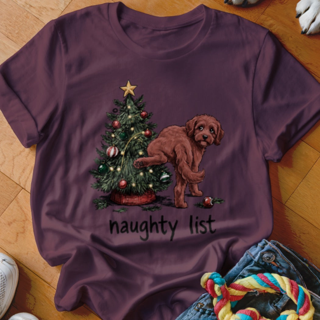 Brown dog by a Christmas tree with text "naughty list".