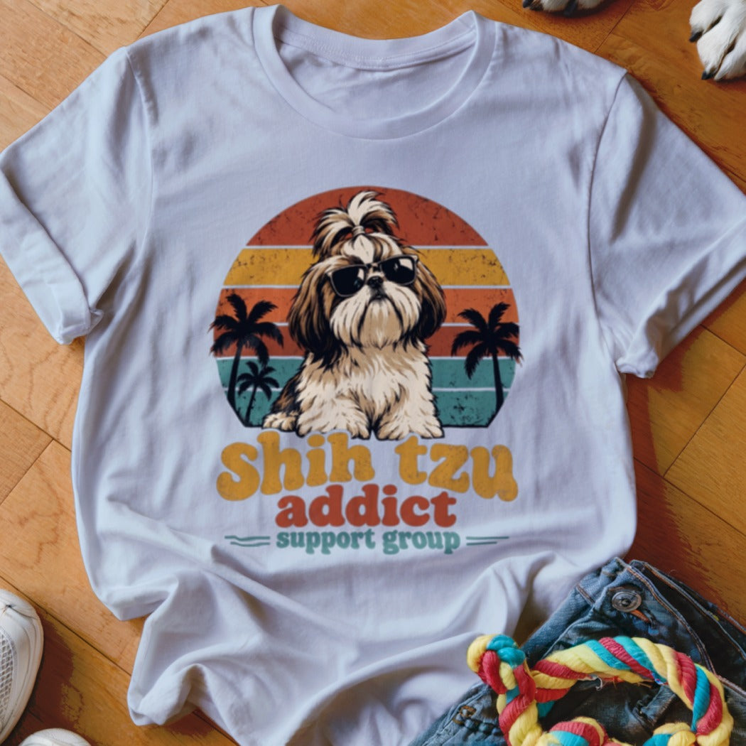 A white t-shirt featuring a retro graphic of a Shih Tzu wearing sunglasses before palm trees and a sunset.