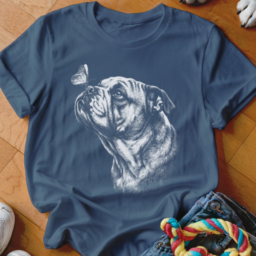 Blue crewneck t-shirt featuring a white sketch graphic of an English bulldog looking up at a butterfly.
