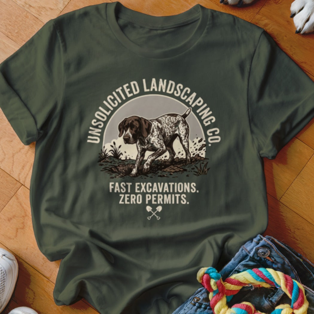 German Shorthaired Pointer with "Unsolicited Landscaping Co." text.