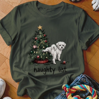 White dog by Christmas tree with text "naughty list"