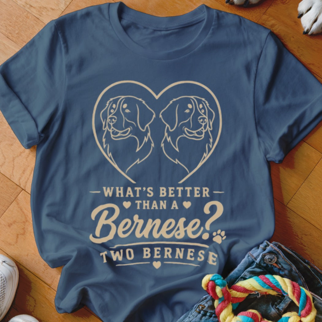Navy t-shirt with heart outline containing two Bernese dogs and text.