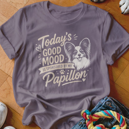 Purple t-shirt with "Today's Good Mood Is Sponsored By My Papillon" and dog illustration.