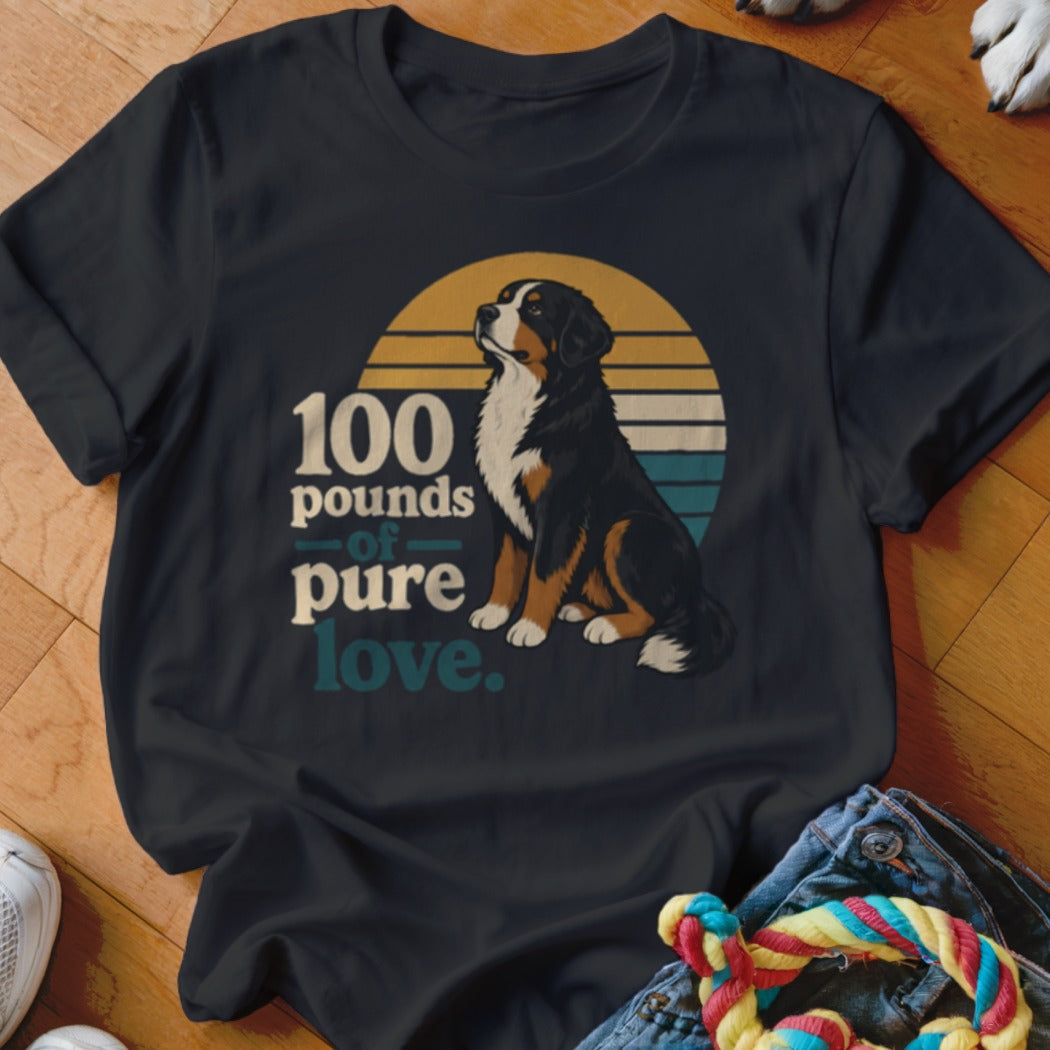 Dark t-shirt with Bernese Mountain Dog and text "100 pounds of pure love."