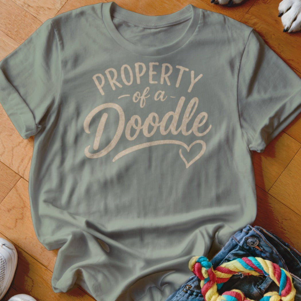 Light green t-shirt with "PROPERTY of a Doodle" text and heart graphic.
