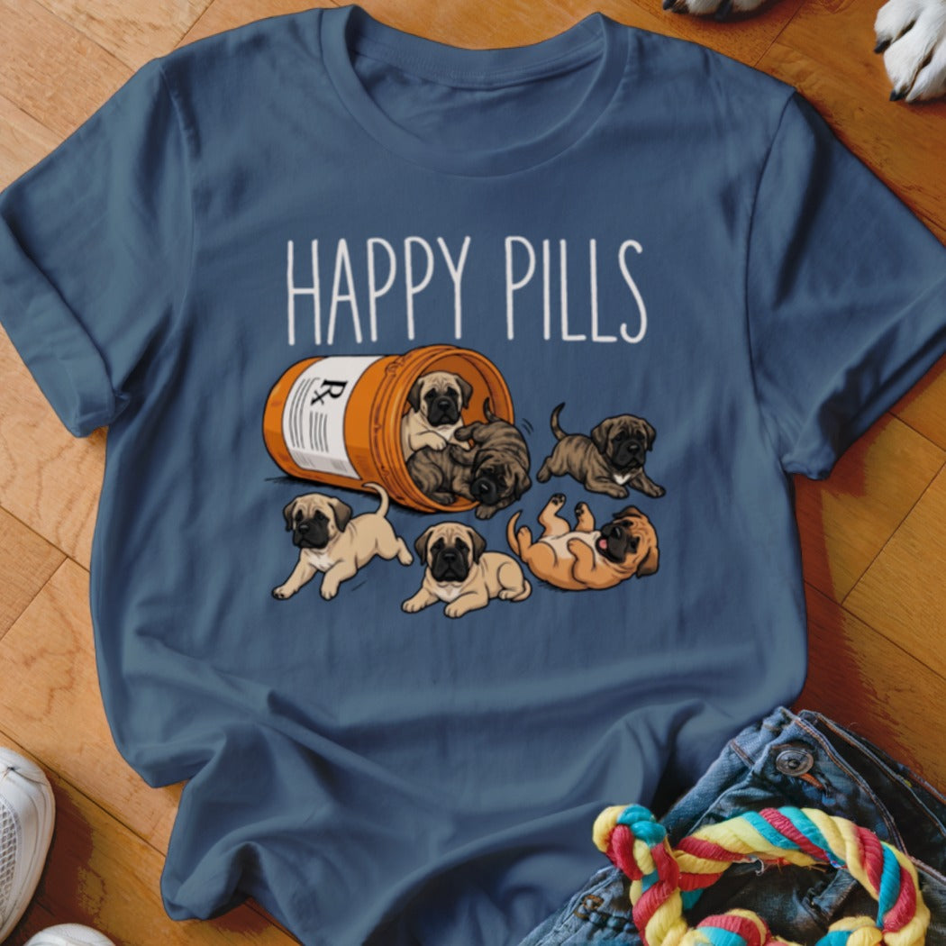 Mastiff puppies spill from a pill bottle with "HAPPY PILLS" text.