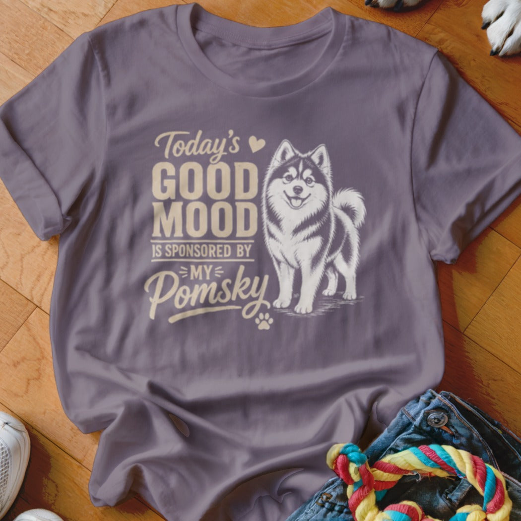 Purple t-shirt with graphic "Today's GOOD MOOD IS SPONSORED BY MY Pomsky" and a dog.