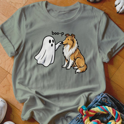 Cute cartoon ghost booping a Collie dog, with "boo-p" text.