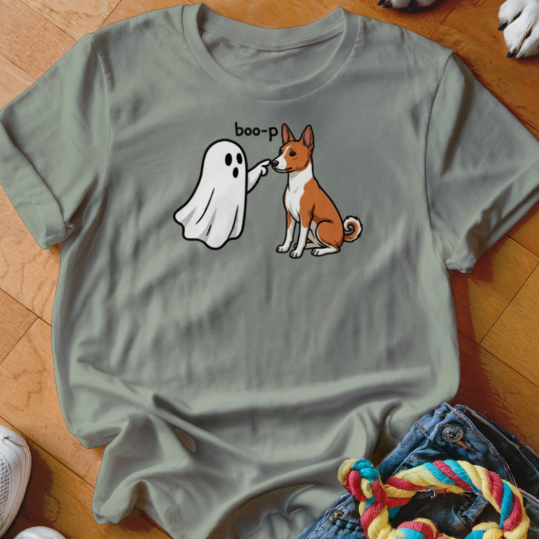 Ghost booping a sitting dog with text "boo-p" above.