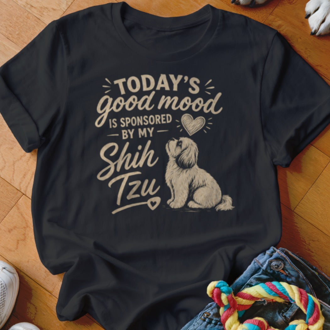Black t-shirt with "Today's good mood is sponsored by my Shih Tzu" text and dog graphic.