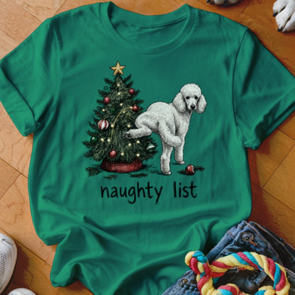 Green t-shirt with white poodle next to Christmas tree and text "naughty list".