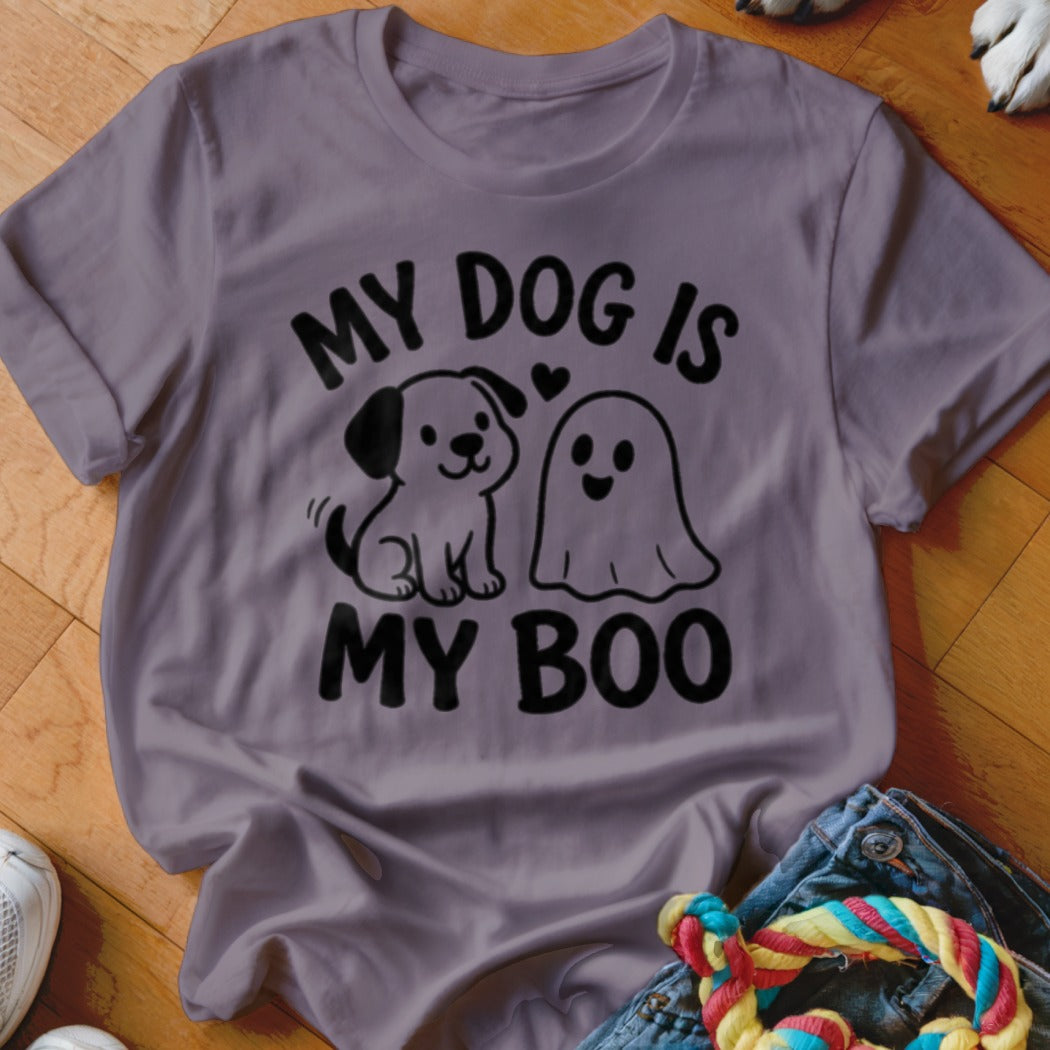 Purple t-shirt with black text and graphics: a dog and a ghost with "My Dog Is My Boo".