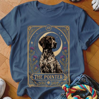 Blue t-shirt featuring a tarot card graphic of a German Shorthaired Pointer with flowers and stars.
