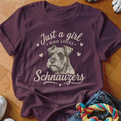 Dark purple t-shirt featuring a sketch of a Schnauzer and text reading Just a girl who loves Schnauzers.