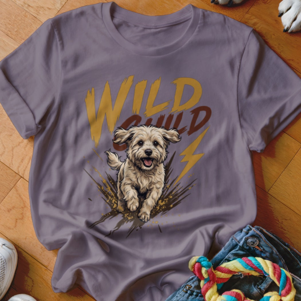 Mauve crewneck t-shirt featuring a graphic of a happy, running puppy and the text WILD CHILD.