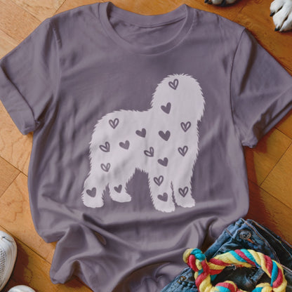 Purple t-shirt with white fluffy dog silhouette filled with small hearts.