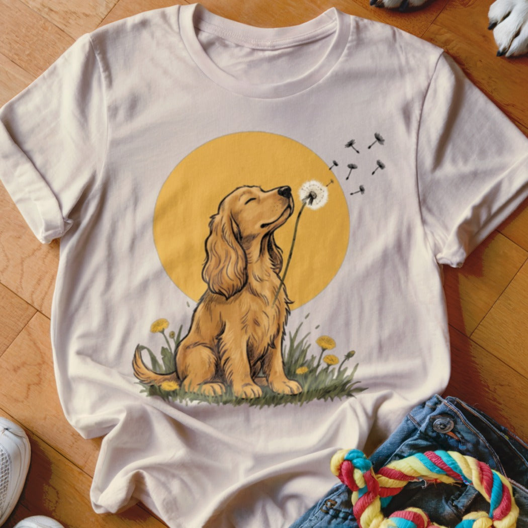 A light-colored t-shirt featuring a cartoon illustration of a golden cocker spaniel blowing dandelion seeds.