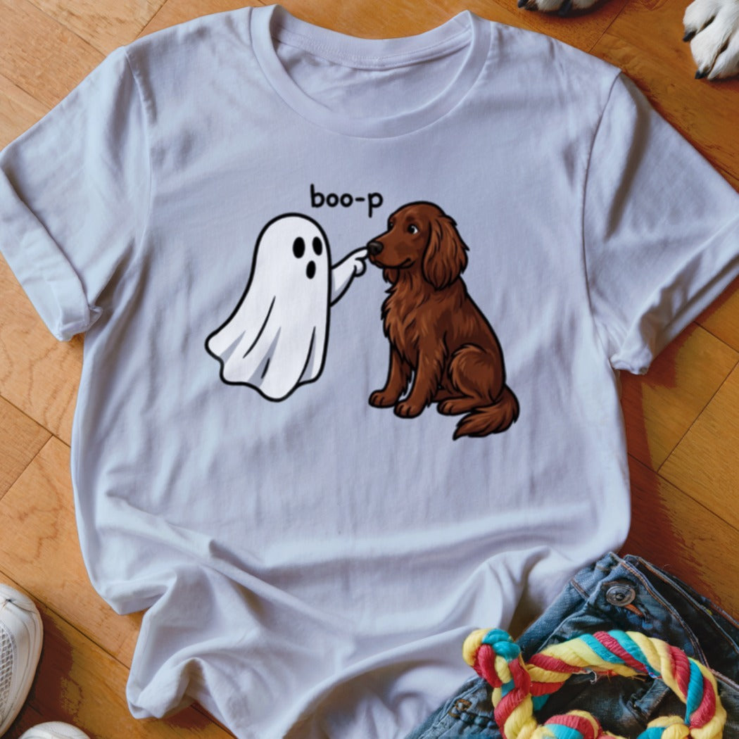White t-shirt with cartoon ghost booping a brown dog, text reads "boo-p".
