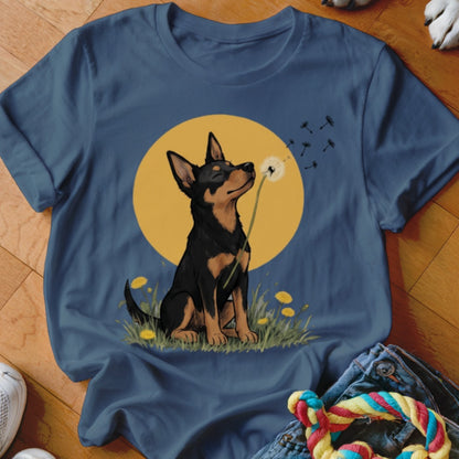 A blue crew-neck t-shirt featuring a graphic of a black and tan dog sniffing a dandelion against a yellow circle background.