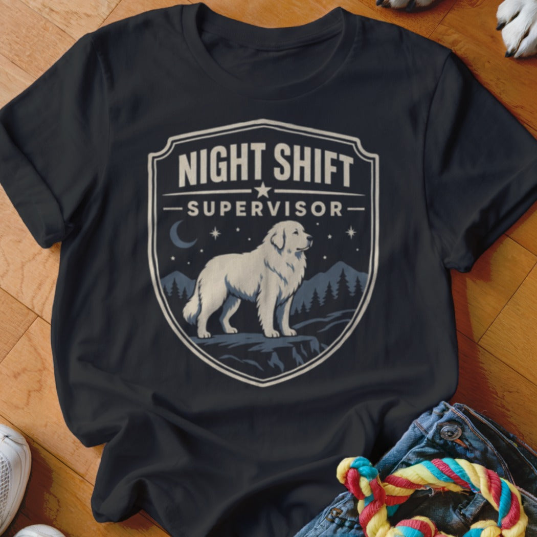 Dark t-shirt with a shield graphic of a Great Pyrenees dog under "Night Shift Supervisor".