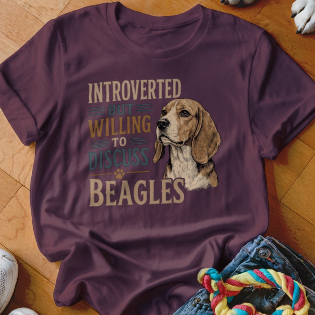 Maroon t-shirt with "INTROVERTED BUT WILLING TO DISCUSS BEAGLES" text and beagle dog graphic.