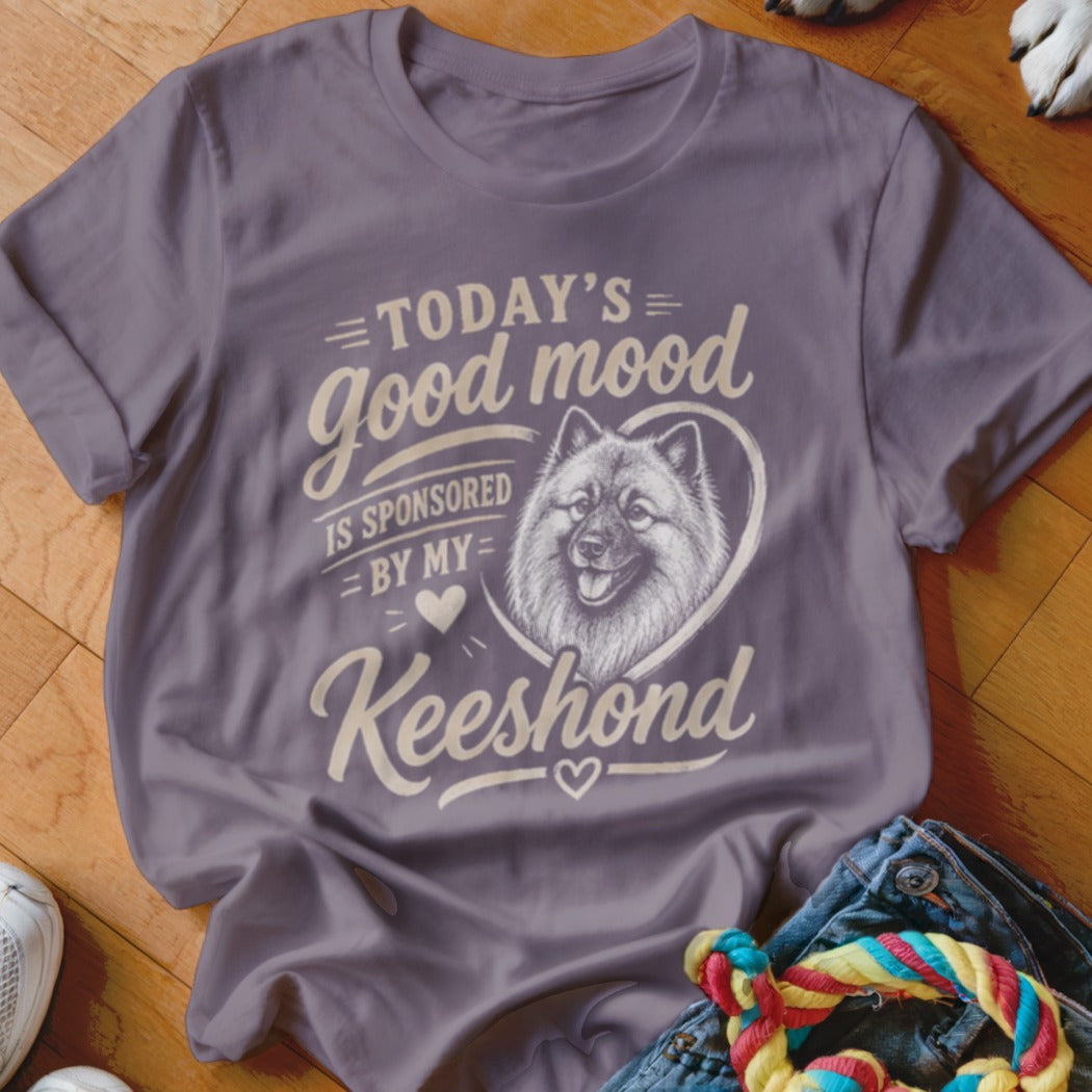 Purple t-shirt with "Today's good mood is sponsored by my Keeshond" text and dog graphic.