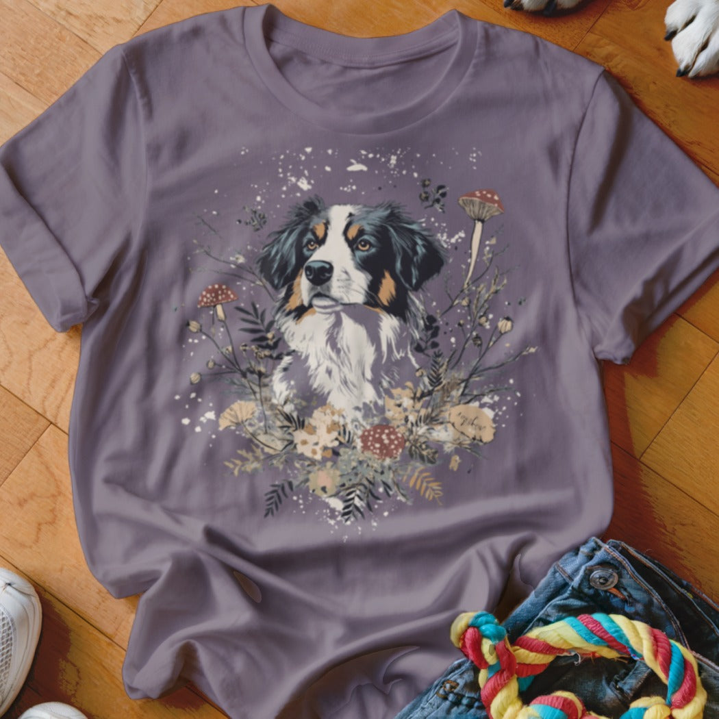 Purple t-shirt with a dog surrounded by mushrooms and wildflowers graphic.