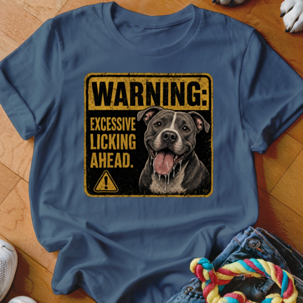 Blue t-shirt graphic with a warning sign and a pit bull dog.