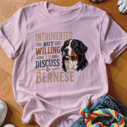 Pink t-shirt with "Introverted but willing to discuss Bernese" text and a Bernese Mountain Dog portrait.