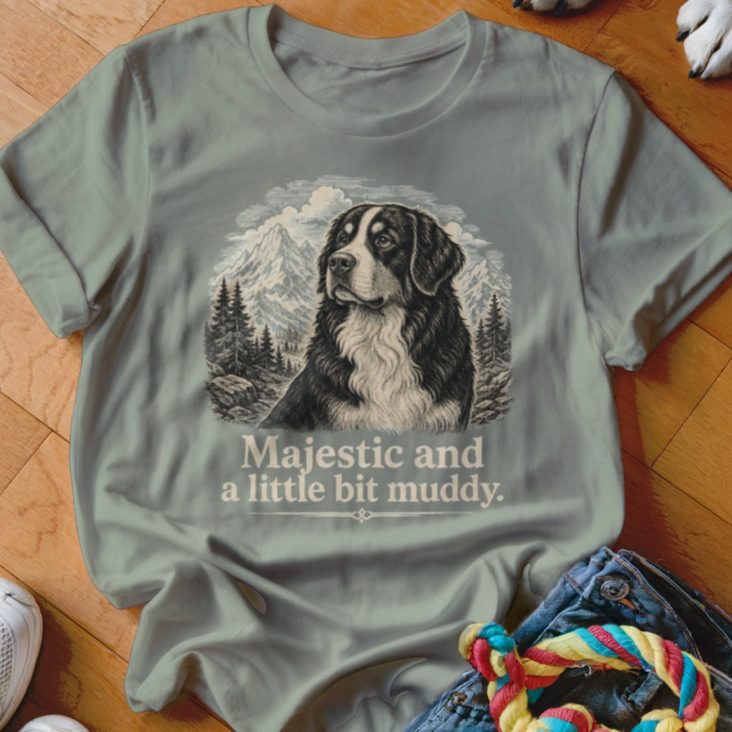 T-shirt with a vintage-style print of a Bernese Mountain Dog with mountains and trees, reads "Majestic and a little bit muddy."