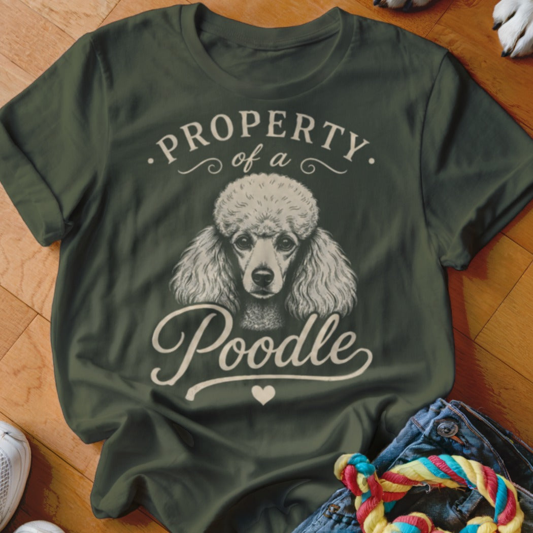Green t-shirt with poodle graphic and text "PROPERTY of a Poodle".