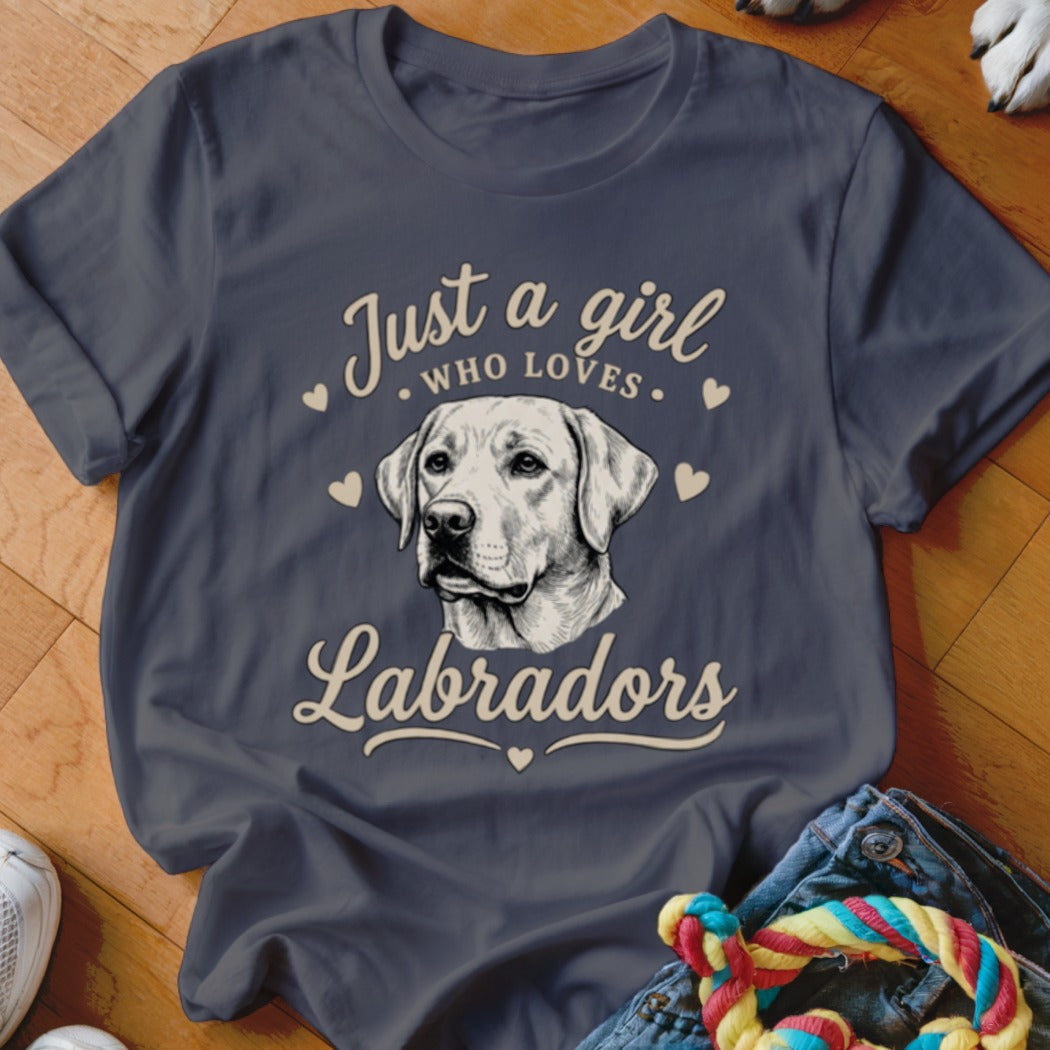 Dark gray crewneck t-shirt featuring a Labrador Retriever illustration and the text Just a girl who loves Labradors.