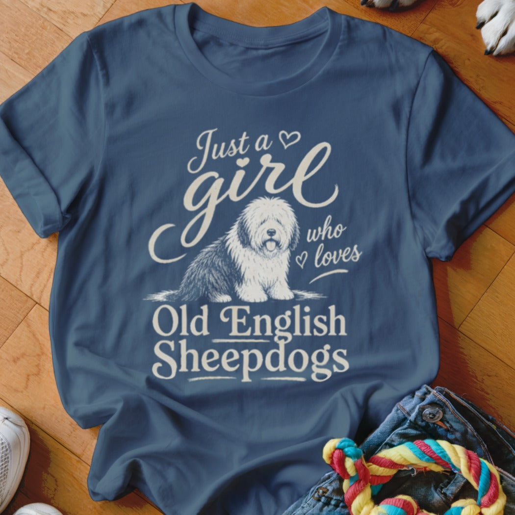 Navy t-shirt with "Just a girl who loves Old English Sheepdogs" and dog graphic.