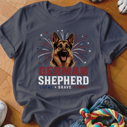 German Shepherd Loyal Brave True text on charcoal t-shirt with dog graphic.
