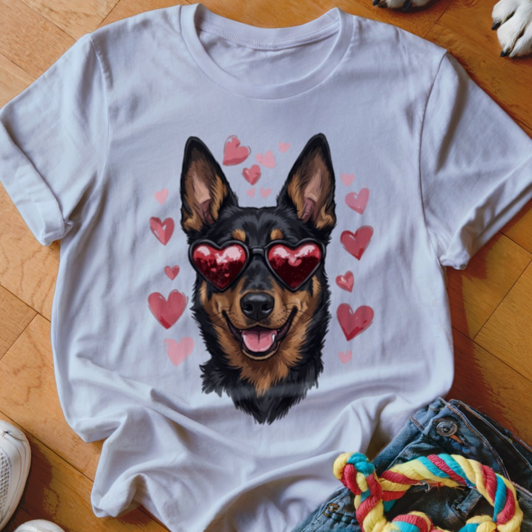 White crewneck t-shirt featuring a graphic of a smiling dog wearing heart-shaped sunglasses, surrounded by pink hearts.